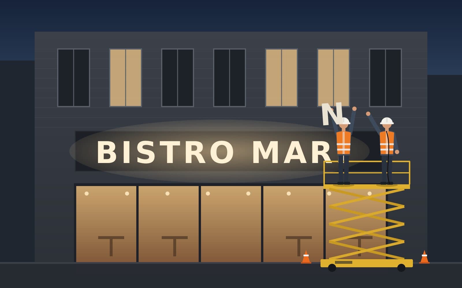 Doi montatori pe o platformă ridicătoare fixează o literă luminoasă pe firma unui bistro
